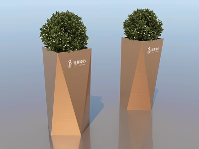 Copper Geometric Shaped Planters With Lush Green Shrubs For Garden Decor By Hang Lung Properties 3d model
