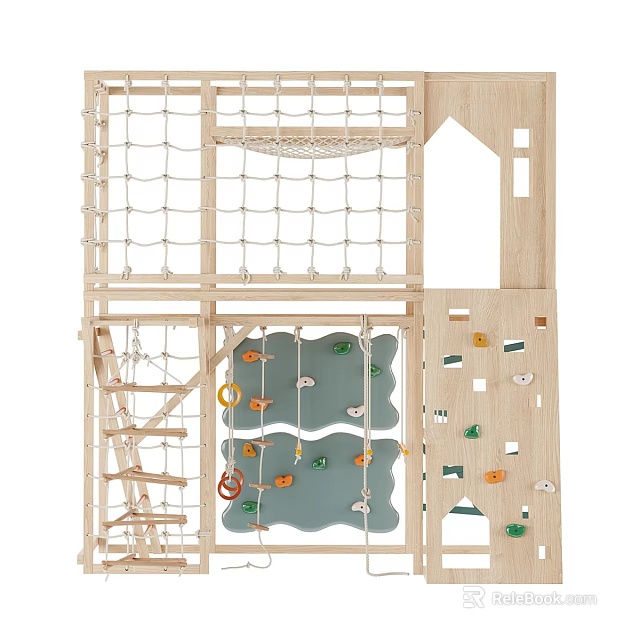Wooden Playground Equipment with Climbing Net Rock Wall and Ladder 3d model 