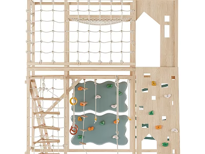 Wooden Playground Equipment with Climbing Net Rock Wall and Ladder 3d model