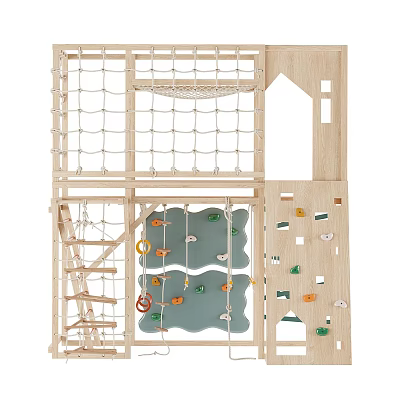 Wooden Playground Equipment with Climbing Net Rock Wall and Ladder 3d model