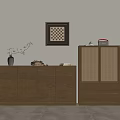 Minimalist Wooden Entryway Cabinet And Side Cabinet With Vase Plant And Framed Art