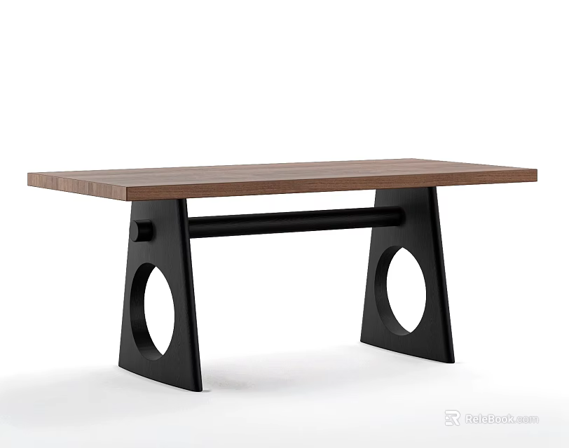 Modern Dining Table With Wooden Top And Black Metal Legs Featuring Circular Cutouts 3d model 