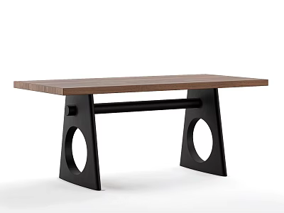 Modern Dining Table With Wooden Top And Black Metal Legs Featuring Circular Cutouts 3d model
