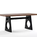 Modern Dining Table With Wooden Top And Black Metal Legs Featuring Circular Cutouts