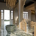 Modern Chinese Teahouse With Wooden Structures Carved Lattice Windows Marble Flooring And Circular Display Cabinets