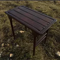 Dark Wooden Desk With Wooden Planks Top And Slim Legs On Grass Field