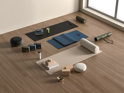 Yoga Practice Accessories Including Mats Blocks Bolster And Meditation Cushion On Wooden Floor 3d model
