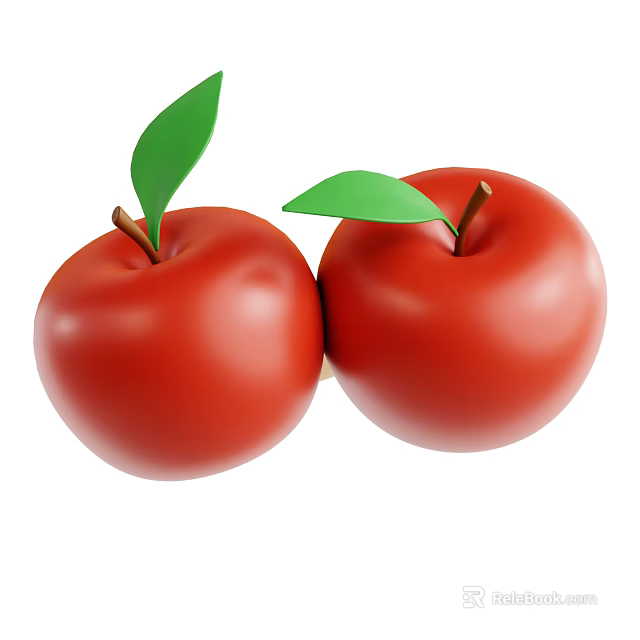 Two Juicy Ripe Red Apples With Fresh Green Leaves And Brown Stems 3d model 