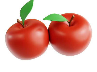 Two Juicy Ripe Red Apples With Fresh Green Leaves And Brown Stems 3d model
