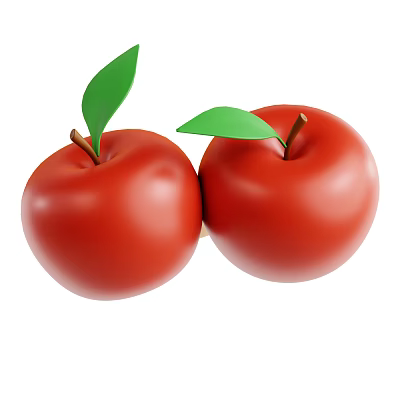 Two Juicy Ripe Red Apples With Fresh Green Leaves And Brown Stems 3d model