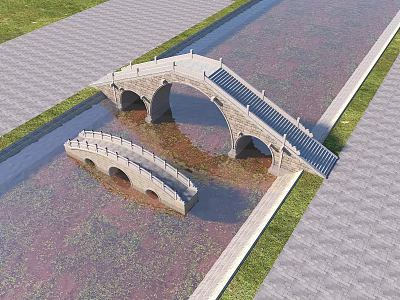 Two Stone Arch Bridges Over Calm Water With Surrounding Paths And Grass 3d model