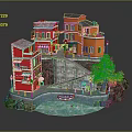 Cartoon Scene with Red and Orange Houses Stone Steps Blue Pool and Yellow Tree