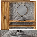Rustic Modern Bathroom Vanity With Wooden Cabinet Round Mirror Stone Countertop And Stone Wall