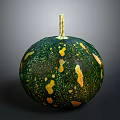 Fresh Green Pumpkin With Yellow Spots And Golden Stem On Dark Background