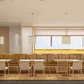 Wooden Open Layout Restaurant Interior With Tables Chairs Hanging Posters And Natural Light