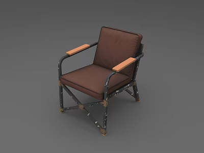 Vintage Brown Leather Single Chair With Wooden Armrests And Metal Frame 3d model