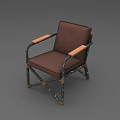 Vintage Brown Leather Single Chair With Wooden Armrests And Metal Frame