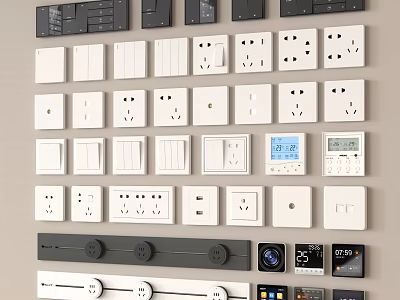 Various Switch Panels With White Black Colors Socket Outlets And Digital Displays Arranged On Wall 3d model