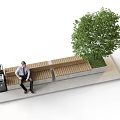 Outdoor Wooden Bench With Person Sitting On Concrete Ground Near Tree And Trash Can