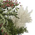 Decorative Vase Arrangement With Red Berries Green Leaves And White Feathery Plants