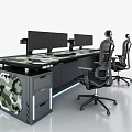 Modern Functional Desk With Camouflage Tabletop Multiple Monitors Storage Unit And Two Chairs 3d model