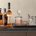 Premium Whiskey Bottles and Crystal Glasses on Black Marble Countertop with Metal Tray