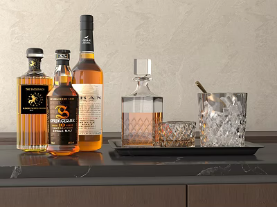 Premium Whiskey Bottles and Crystal Glasses on Black Marble Countertop with Metal Tray 3d model