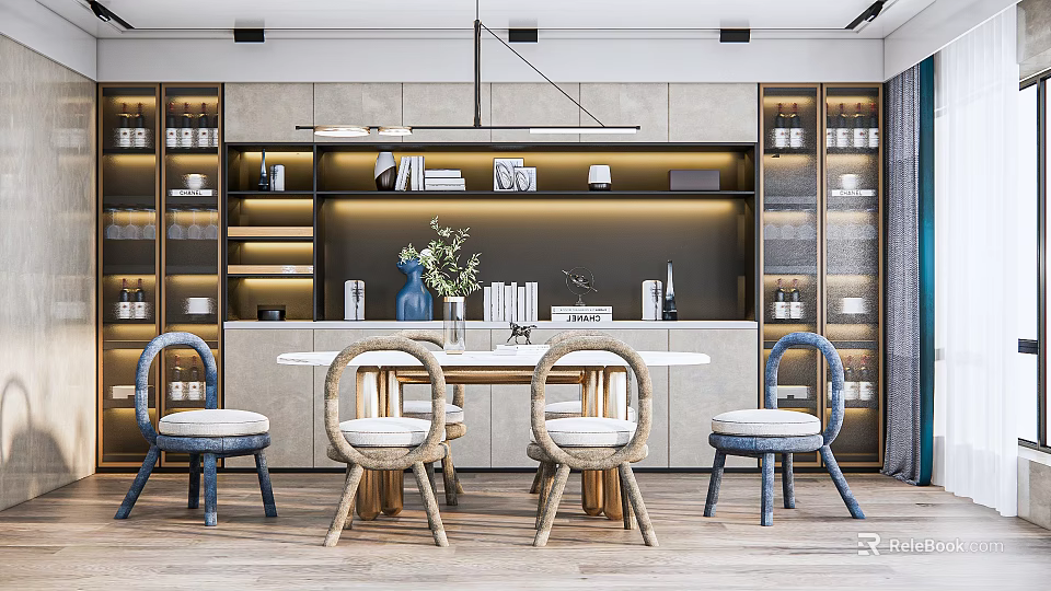 Modern Restaurant Interior With Round Dining Table Woven Chairs And Storage Cabinets 3d model