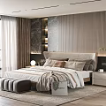 Modern Gray Tones Bedroom With Double Bed Wooden Floor Floor To Ceiling Window And Nightstand
