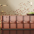 Modern Reception Desk Design With Curved Leaf Pattern Wall Pendant Lights And Green Plant