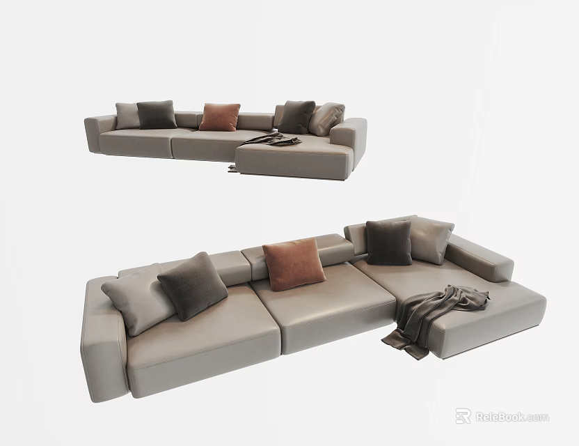 Modern Light Gray Sectional Sofa With Multiple Colored Cushions And Throw Blanket 3d model