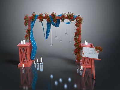 Wedding Arch With Red Flowers Blue Polka Dot Fabric Candle Holders Easel Transparent Spherical Decorations 3d model