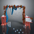 Wedding Arch With Red Flowers Blue Polka Dot Fabric Candle Holders Easel Transparent Spherical Decorations
