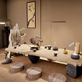 Serene Zen Style Interior Tea Room Featuring Wooden Table Tea Set Bonsai And Hanging Painting