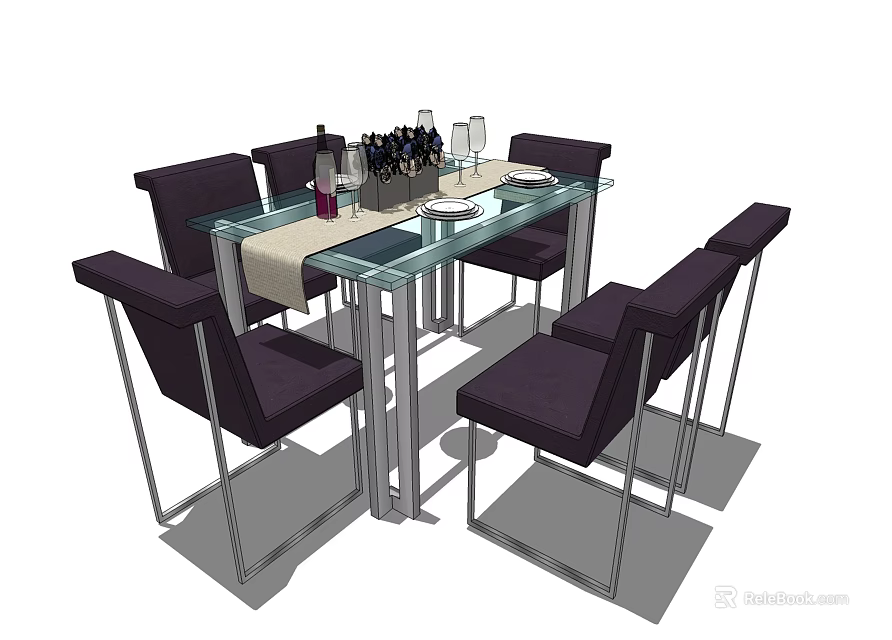 Modern Dining Table Set With Glass Top Metal Legs And Dark Chairs Featuring Wine Bottles 3d model 