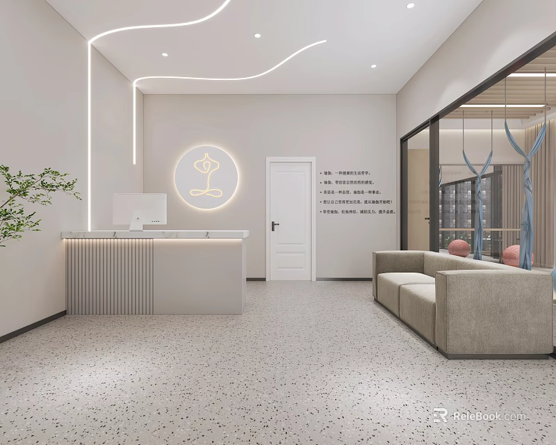 Modern Fitness Studio Reception Area With Sofa And Plants 3d model 