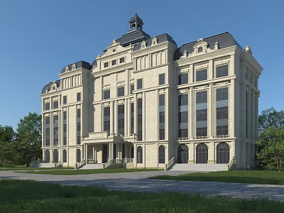 Classical Style Office Building With Stone Exterior Tower Multiple Floors Windows Grass And Trees 3d model