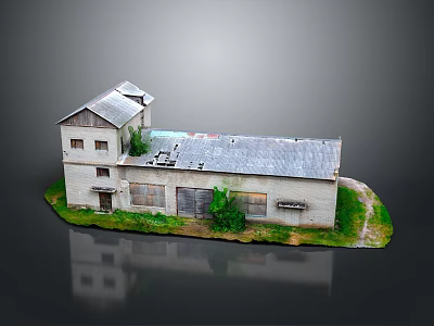 Old Building Model With Gray Roof Broken Windows And Green Grass Plants 3d model