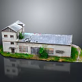 Old Building Model With Gray Roof Broken Windows And Green Grass Plants