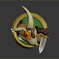 Small Horned Game Movie Character Holding Sword Standing On Green Circular Base