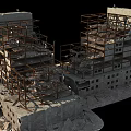 Collapsed Building Ruins With Exposed Steel Structure And Damaged Concrete Walls
