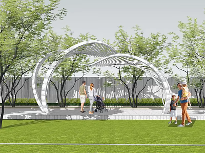 White Curved Pergola in Outdoor Park Leisure Area with Green Trees and People Walking 3d model