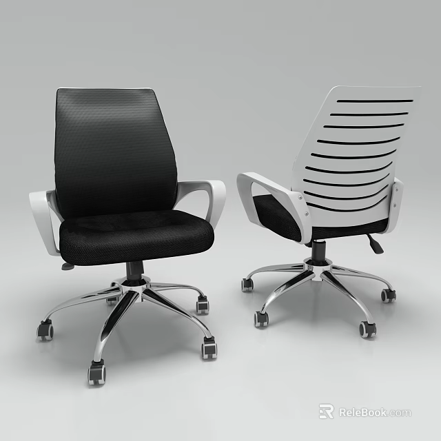 Black And White Office Chair With Mesh And Striped Back Five Star Base And Wheels 3d model 