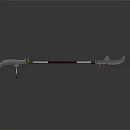 Ornate Long Handled Weapon With Sharp Curved Blade Red Accents And Floating Red Particles 3d model