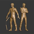 Golden Men Statues Standing Holding Sticks on Black Reflective Surface