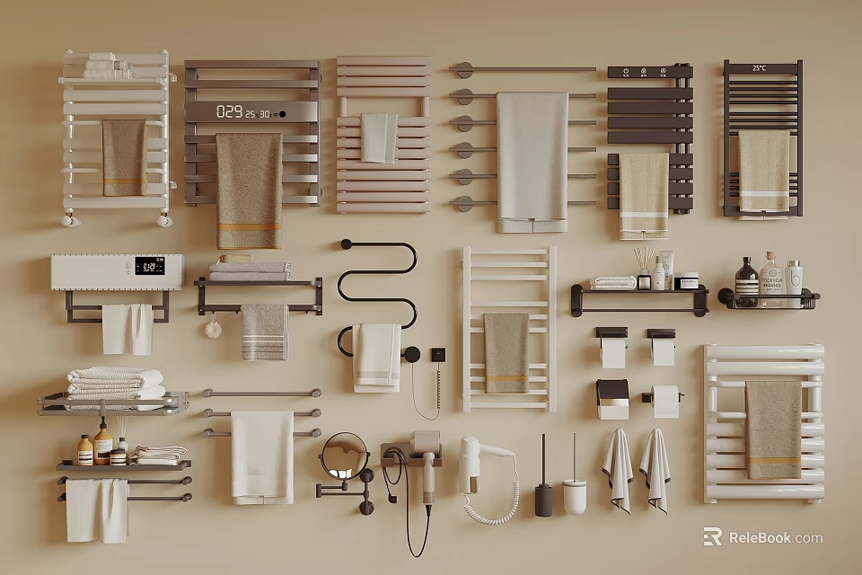 Various Towel Styles Display With Modern Racks And Bathroom Accessories 3d model