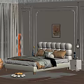 Modern Bedroom Double Bed With Tufted Headboard Pillows Blanket Floor Lamp And Wall Art