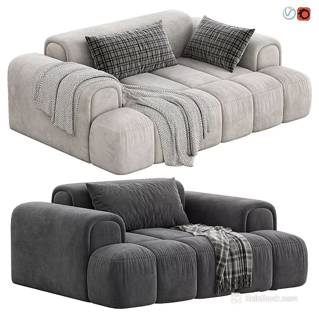 Modern Gray Plush Sofa Design With Checkered Pillows And Cozy Blanket 3d model