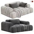 Modern Gray Plush Sofa Design With Checkered Pillows And Cozy Blanket 3d model