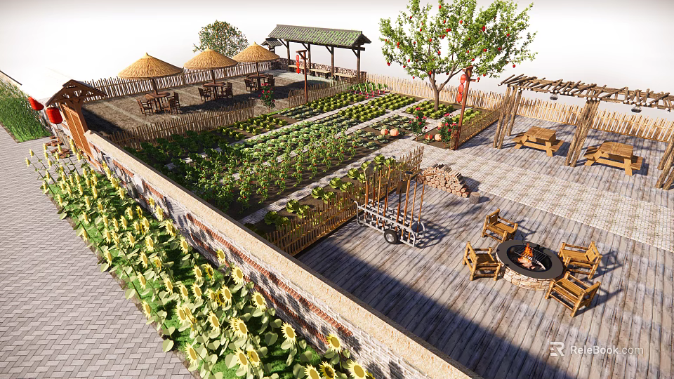 Rustic Garden Landscape Design Featuring Vegetable Beds Wooden Pavilions Sunflowers And Deck Area 3d model 
